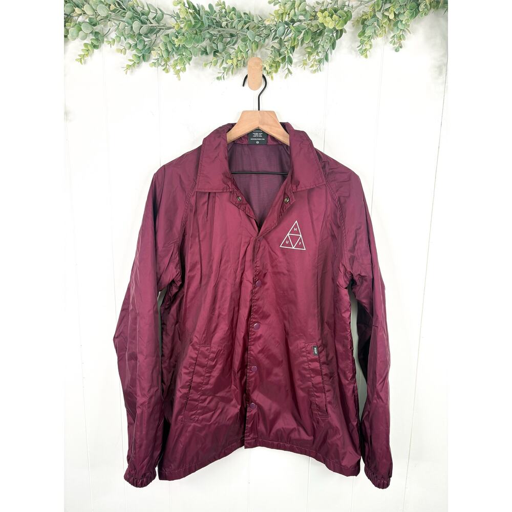 HUF Mens Triple Triangle Coach Jacket Medium Maroon Snap Front WIndbreaker - Picture 3 of 9